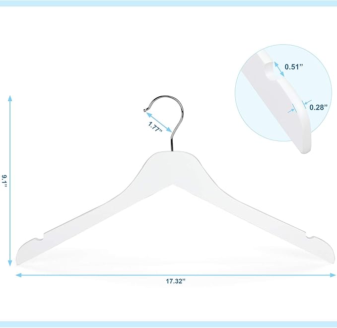 TOPIA HANGER White Wooden Hangers 30 Pack, 0.28 inch Slim Wood Clothes Hanger with Flat Design and Smooth Notches, Lightweight & Durable Space Saving Hangers for Shirt, Coat, Camisole-CT31W