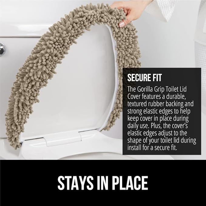 GORILLA GRIP Soft Chenille Bathroom Toilet Lid Cover, Machine Washable Seat Covers, 19.5x18.5, Stays in Place Rubber Backing, Fits Most Round, Elongated and Oblong Lids, Accessories Decor, Gray Beige