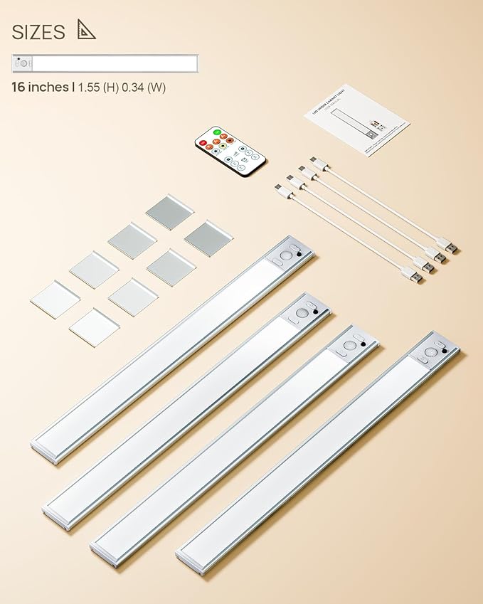 Under Cabinet Lighting Wireless,16 inch LED Motion Sensor Light Indoor, USB Rechargeable Closet Lights with Remote Control, 3 Color Temps Under Counter Lights for Kitchen, Wardrobe, Stairs, 4 Pack