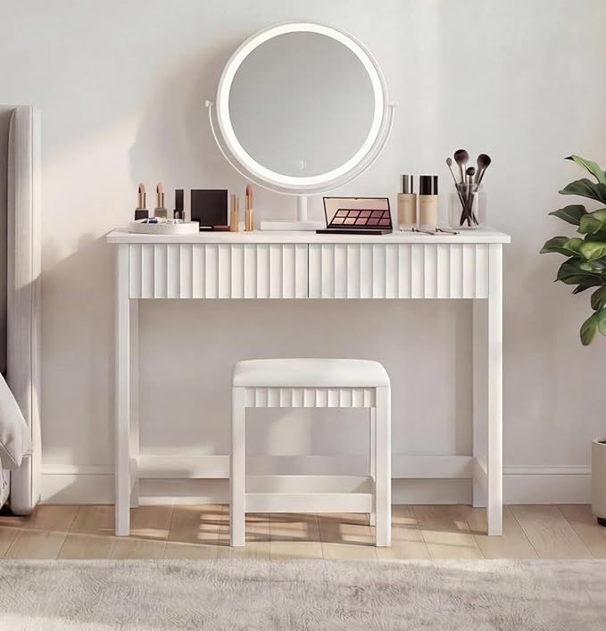 ChooChoo 40 Inch Modern Desk with Drawers, Makeup Vanity Desk with Padded Stool, Small Home Office Desk for Bedroom, White