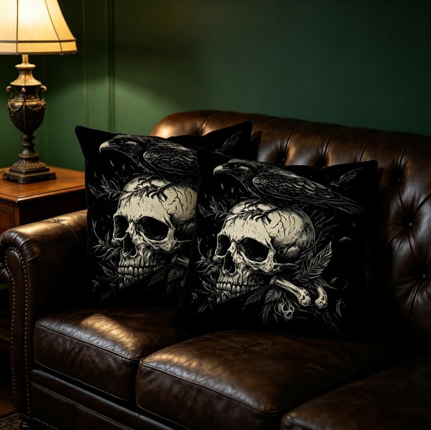 Gothic Skull Raven Throw Pillow Covers, 18x18 Inch, Machine Washable, Halloween - Image 3