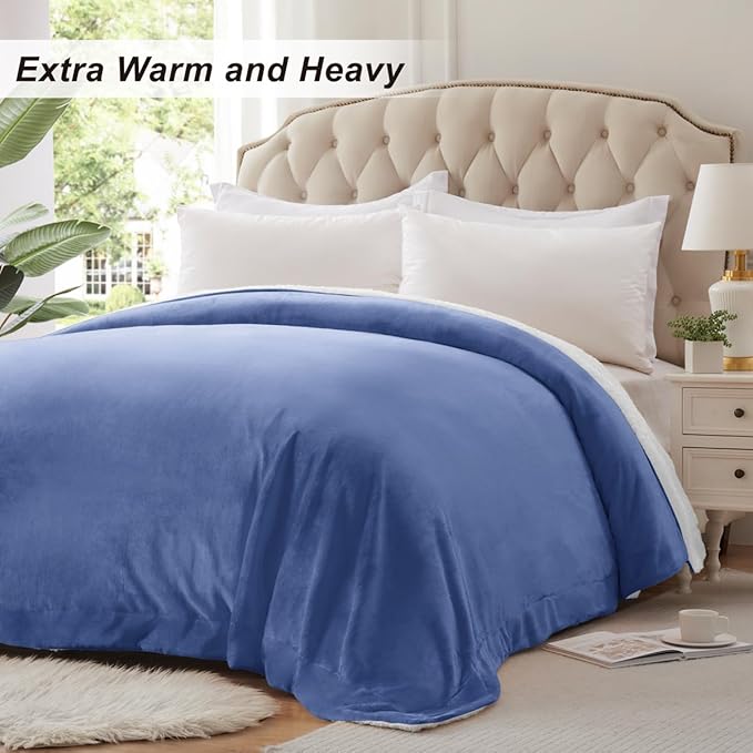 KAWAHOME Sherpa Fleece Queen Size Blanket for Bed - Extra Warm and Heavy Thick Blankets for Winter, Super Soft 500GSM Plush Blanket, 90"X 90" Washed Blue