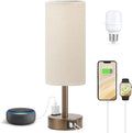 Fenmzee Brown Bedside Table Lamp for Bedroom - 3 Way Dimmable Touch Lamp USB C Charging Ports and AC Outlet, Small Lamp Round Flaxen Fabric Shade for Living Room, Desk, LED Bulb Included