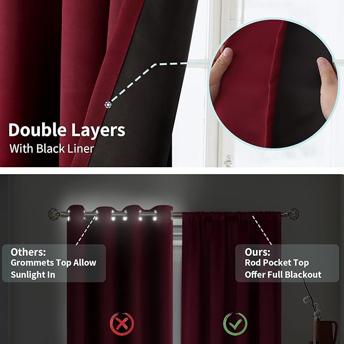 BGment Blackout Curtains for Living Room 84 Inch Length, Christmas Thermal Insulated Full Room Darkening Noise Reducing Rod Pocket Bedroom Curtains，2 Panels， Burgundy Red，52 Inch Wide