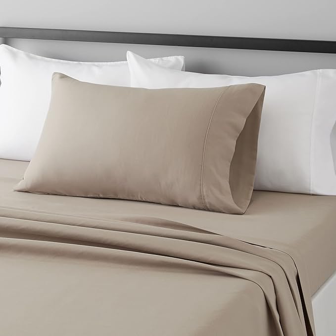 Amazon Basics Lightweight Super Soft Easy Care Microfiber 3-Piece Bed Sheet Set with 14-Inch Deep Pockets, Twin XL, Taupe, Solid (Pack of 4)