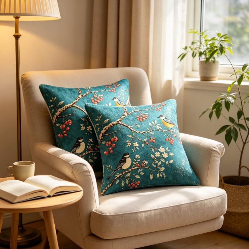 18x18 Inch Linen Vintage Teal Bird Throw Pillow Covers Set of 2 - Image 5