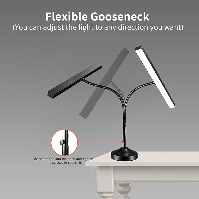 Piano Light, LED Piano Lamp for Upright/Digital/Grand Pianos, Flexible Gooseneck Music Stand Light with 3 Color Modes×10 Brightness, Desk Lamp for Home Office, Black, 10W, 1000LM (with Base)