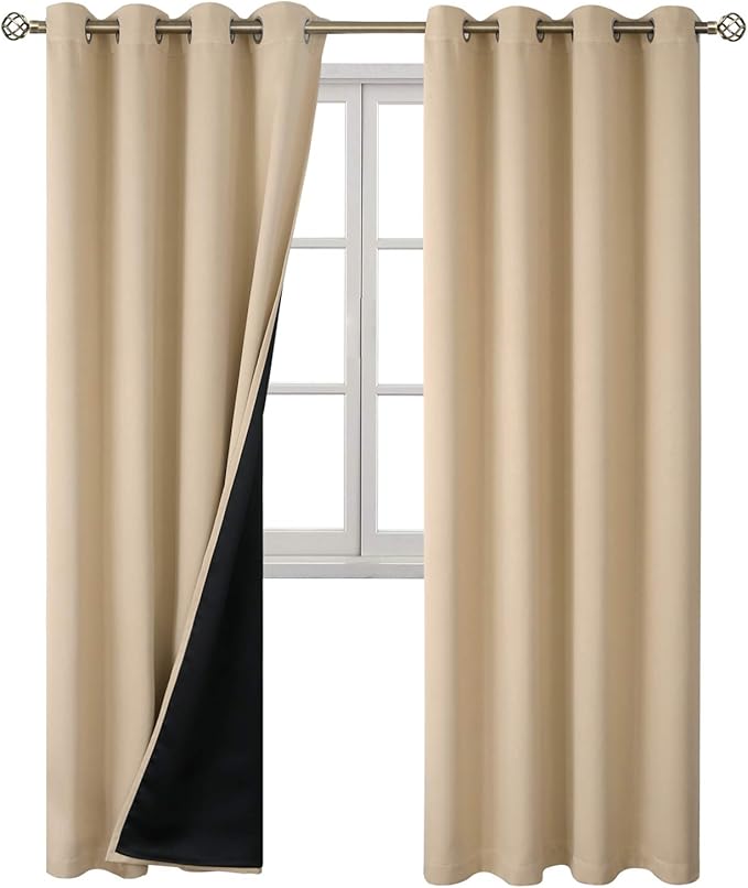 BGment Thermal Insulated 100% Blackout Curtains for Bedroom with Black Liner, Double Layer Full Room Darkening Noise Reducing Grommet Curtain (52 x 84 Inch, Beige, 2 Panels)