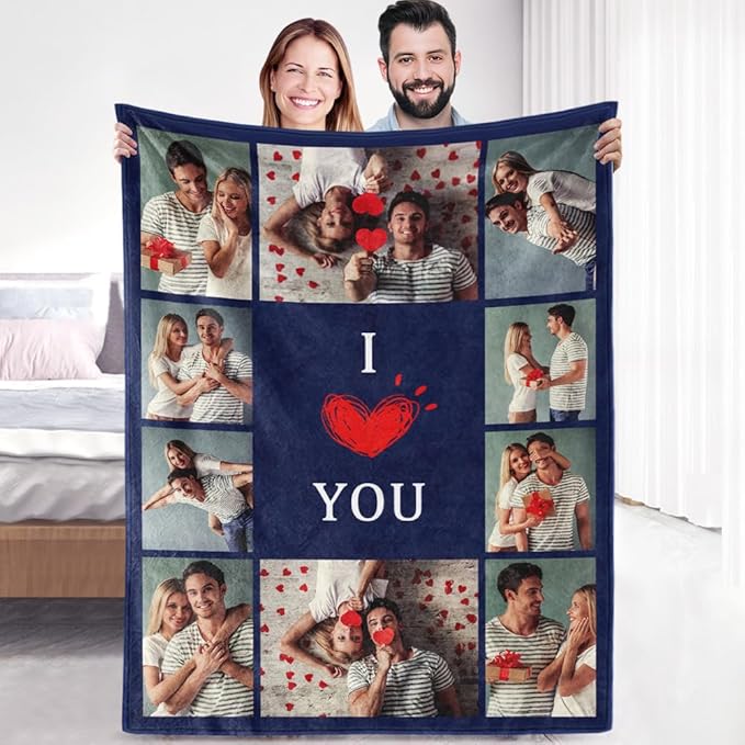 Custom Sherpa Fleece Blanket with Photos Text - Soft, Warm & Fuzzy Personalized Couples Gifts for Boyfriend, Girlfriend - Customized Picture Blanket for Birthday, Anniversary, Christmas