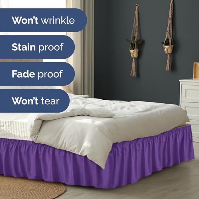 Wrap Around Dust Ruffle Bed Skirt - Purple - Twin/Twin XL Size Beds with 24 Inch Drop - Easy Fit Elastic Strap - Adjustable Pleated Bedskirt w/Brushed Fabric - Wrinkle Free - Women, Men, Kids & Teens