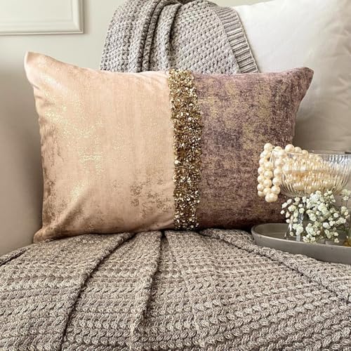 The HomeCentric Pack of 2 Decorative Oblong Pillow Cover Ivory & Gold, Sequins - Image 3