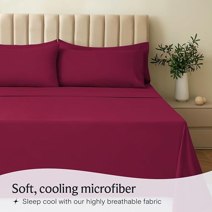 LuxClub 3 PC Twin Sheet Set, Deep Pockets Wrinkle Free Cooling Bed Sheets Hotel Bedding for Women, Men, Kids & Teens, Includes 1 Fitted Sheet, 1 Flat Sheet and 1 Pillowcase-Silky Soft Burgundy