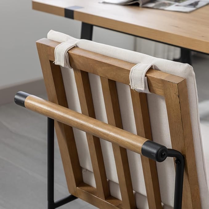 Modern Dining Chairs Set of 2, Comfy Linen Fabric Armless Upholstered Side Chairs with Backrest Wooden Black Metal Legs for Dining Room Living Room, White