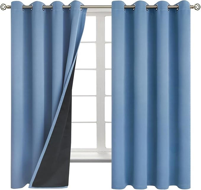 BGment Thermal Insulated 100% Blackout Curtains for Bedroom with Black Liner, Double Layer Full Room Darkening Noise Reducing Grommet Curtain (52 x 72 Inch, Denim Blue, 2 Panels)