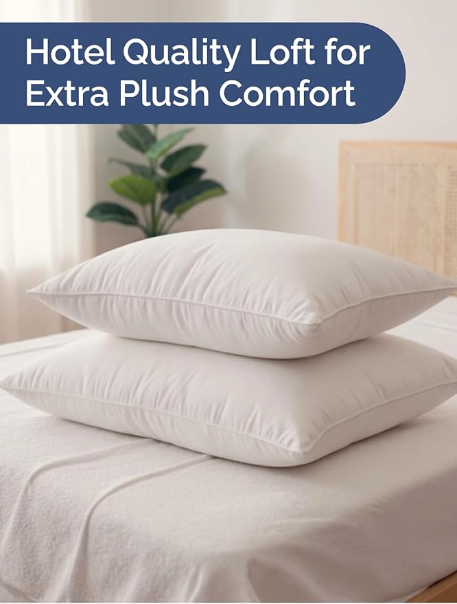 Bed Pillows Queen Size Set of 2 - 100% Cotton Breathable Cover - Premium Down Alternative for Side Sleepers, Back or Stomach - Soft Luxury Hotel Quality Pillows - Comfy, Cozy & Plush - Oeko-Tex, White