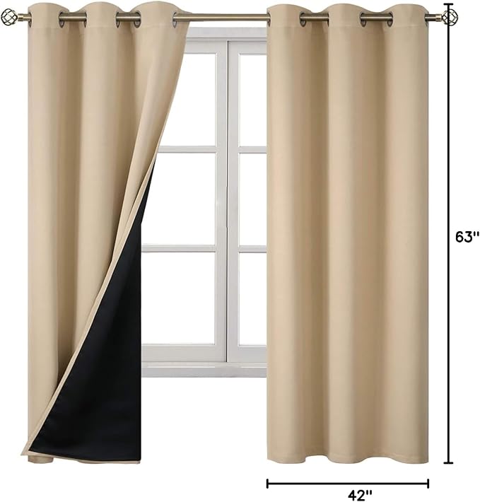 BGment Beige Blackout Curtains for Bedroom - Black Out Curtains 63 Inch Long Thermal Insulated Grommet Total Room Darkening Window Drapes for Living Room, 2 Panels, 42 x 63 Inch