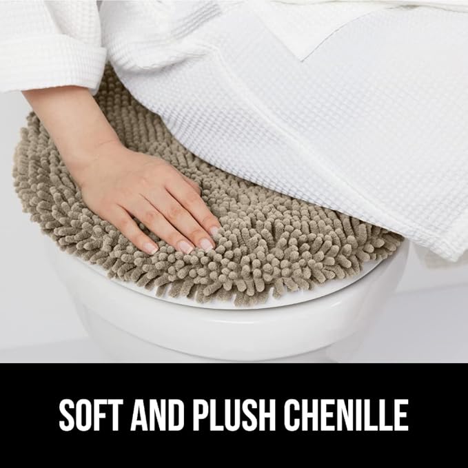 GORILLA GRIP Soft Chenille Bathroom Toilet Lid Cover, Machine Washable Seat Covers, 19.5x18.5, Stays in Place Rubber Backing, Fits Most Round, Elongated and Oblong Lids, Accessories Decor, Gray Beige