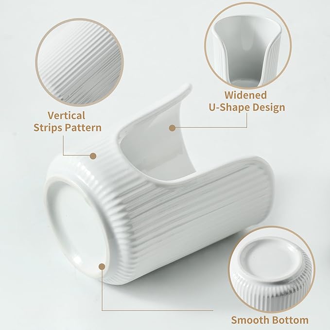 Ceramic Bathroom Cup Dispenser with Stylish Vertical Stripes - Disposable Mouthwash Cup Holder Holds 3-4oz Paper Cups for Rinsing Cups on Bathroom Vanity Countertops (White)