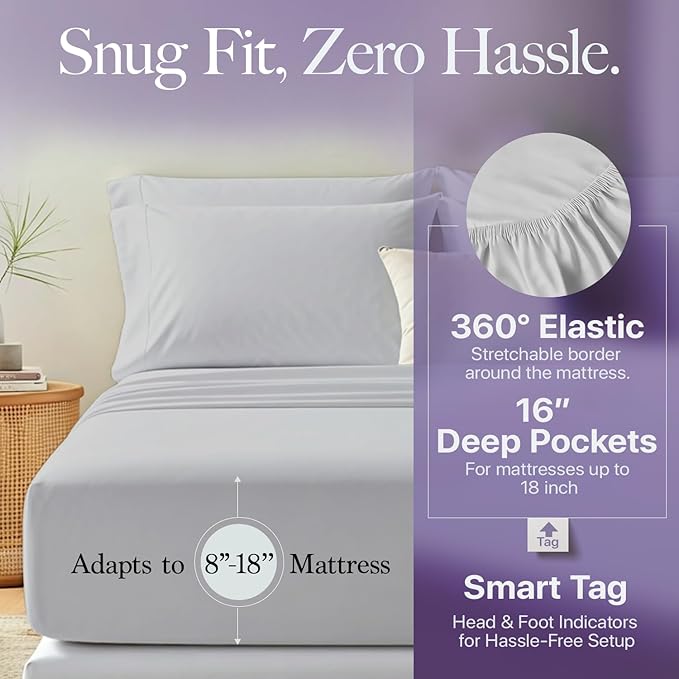 Carressa Linen 100% Egyptian Cotton Split King Sheets Sets for Adjustable Bed - 600 Thread Count 5 PC Top Split King Sheets, 16" Deep Pocket Soft Cooling Sheets for Split King Adjustable Bed - Silver