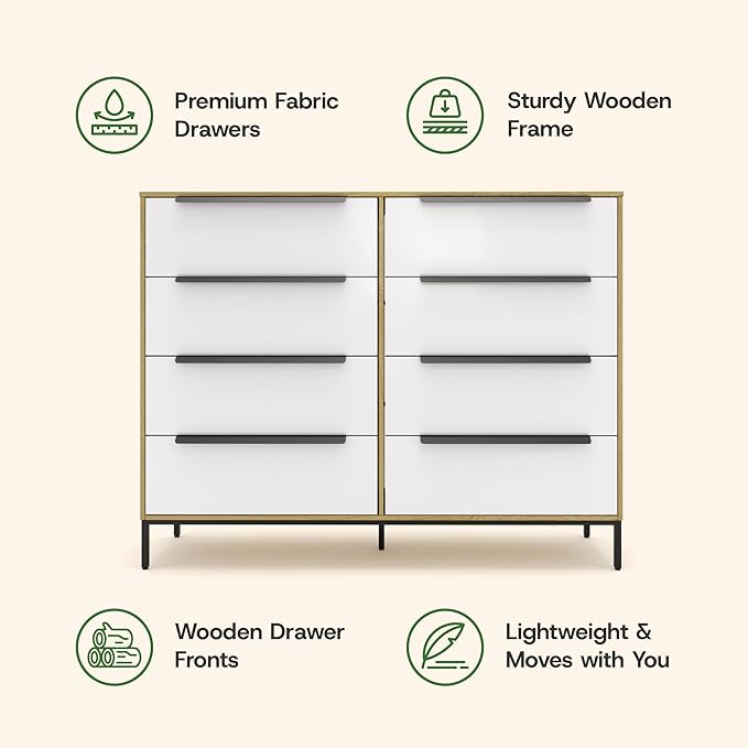 Lira Premium Fabric Dresser - Solid Wooden Frame, 8 Spacious Sag-Proof Drawers with Sleek Metal Handles - Premium & Durable Storage Solution for Your Home (Light Brown)