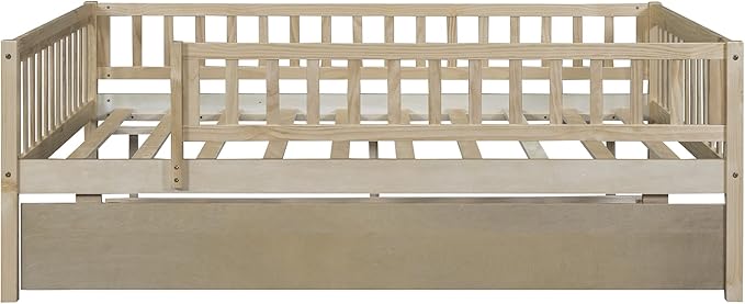Bellemave Full Size Bed Frames with Rails for Kids, Full daybed Frame with Trundle for Boys/Girls/Adults， Natural