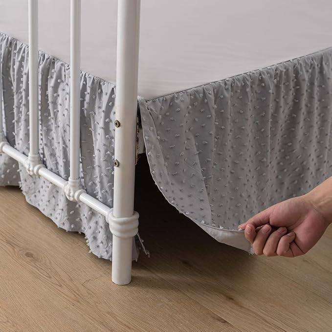 Tufted Dot Bed Skirt King Size Ruffled Bed Skirt with Split Corners, 14 Inch Drop Dust Ruffle Bed Skirts with Platform, Light Grey