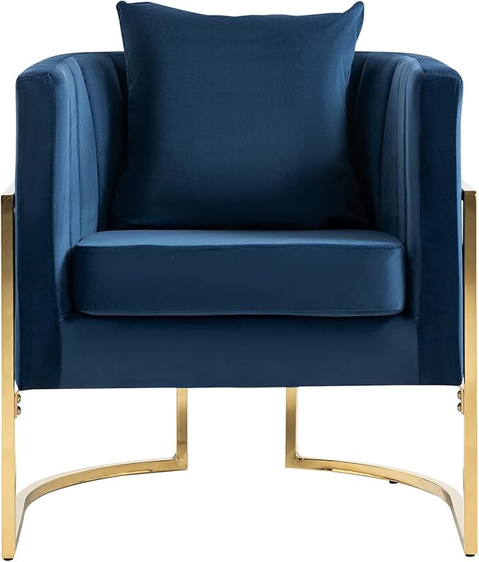 Velvet Modern Accent Chair, Upholstered Barrel Armchair Mid Century with Pillow for Living Room, Comfy Single Vanity Chair with Metal Gold Legs for Bedroom, Blue