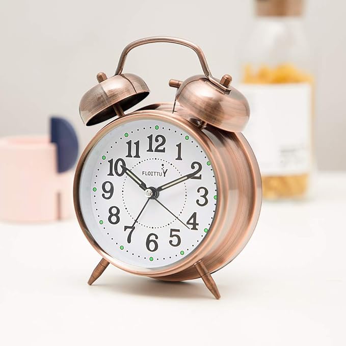 {Loud Alarm for Deep Sleepers) 4'' Twin Bell Alarm Clock with Backlight for Bedroom and Home Decoration(Red-Brown)