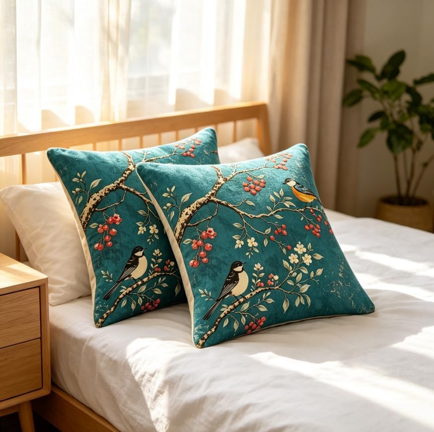 18x18 Inch Linen Vintage Teal Bird Throw Pillow Covers Set of 2 - Image 7