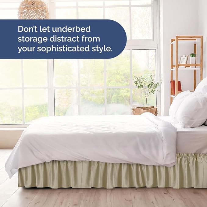 Wrap Around Dust Ruffle Bed Skirt - Beige - for King Size Beds w/ 16 Inch Drop - Easy Fit Elastic Strap - Adjustable Pleated Bedskirt w/Brushed Fabric, Wrinkle & Fade Free Women, Men, Kids & Teens
