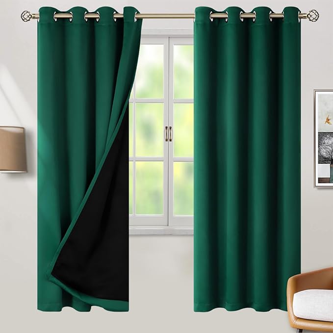 BGment Thermal Insulated 100% Blackout Curtains 72 Inch Length 2 Panels, Total Light Blocking Curtains for Bedroom, Grommet Window Drapes with Thick Black Liner, 52 Inch Wide Each Panel, Emerald