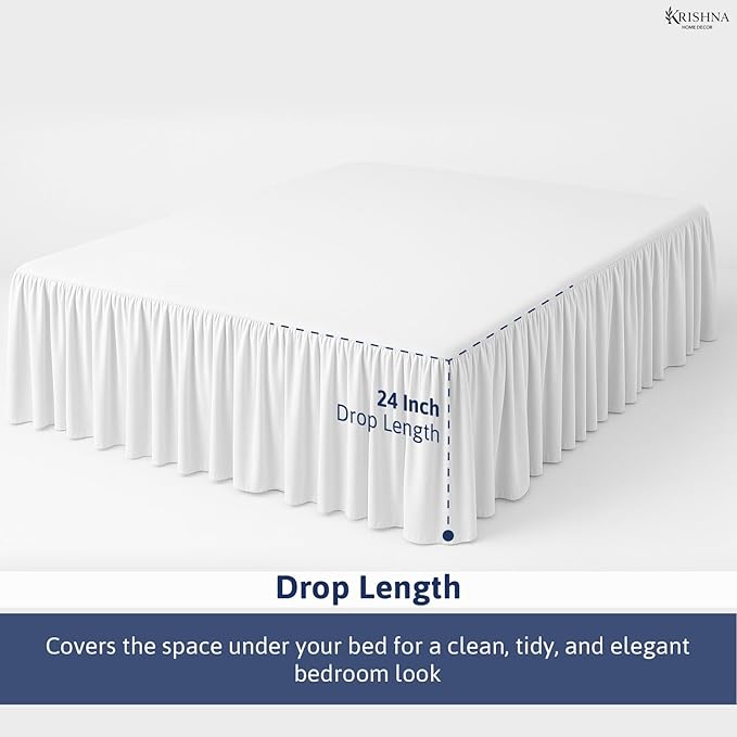 KRISHNA Ruffled Bed Skirt with Split Corners Queen, 100% Microfiber Hotel Quality, 24 Inch Drop Dust Ruffle Gathered Bedskirt with Platform, 60" x 80", White