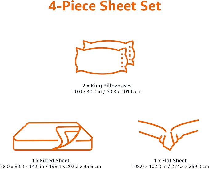 Amazon Basics Soft, Luxury Breathable King Size Wrinkle Free Bed Sheets, Deluxe Microfiber 4-Piece, Bright White Striped