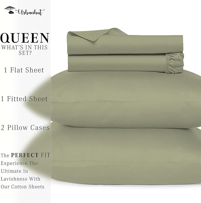 URBANHUT 800 Thread Count 100% Cotton Queen Size Sheets, Luxury 4 Piece Queen Bedsheets, Hotel Sheets Sateen Finish - Better Than Egyptian, 16" Elasticized Deep Pocket - Sage