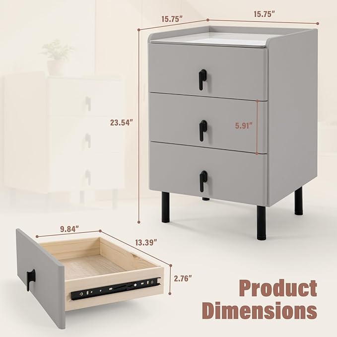 Lamberia Narrow Nightstand with 3 Drawers, Narrow Side Table, Small Bedside Table for Bedroom, Living Room, End Table for Small Space, Dark Grey, 15.8''W x 15.8" D x 23.5" H