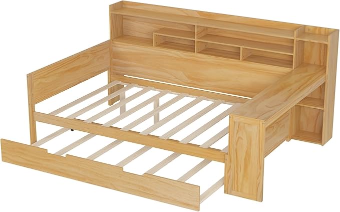 Merax Full Size Corner Bed Frames with Desk and Trundle & Storage Shelves Headboard, Pinewood U-Shaped Captain Daybed for Small Room, Bedroom, Guest Room, Kids' Room, Natural