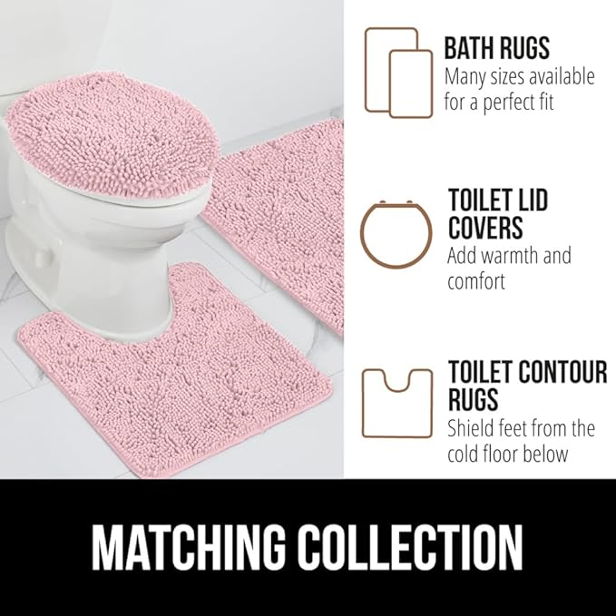 GORILLA GRIP Plush Absorbent Shaggy Chenille Bath Rug Mat for Square Toilet Base with Rubber Backing, Machine Washable Rugs, Soft Microfiber Contour Mats for Toilets, Bathroom Decor, Lt Pink