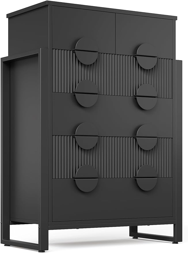 LGHM Fluted Dresser for Bedroom with 6 Drawers, Modern 6 Drawers Dressers with Semicylinder Fluted, Solid Chest of Drawers, 44.5" Tall Dresser with Stable Steel Frame, Metal Handles, Black