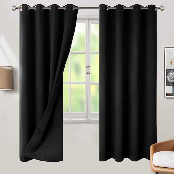 BGment Thermal Insulated 100% Blackout Curtains for Bedroom with Black Liner, Double Layer Full Room Darkening Noise Reducing Grommet Curtain (46 x 72 Inch, Black, 2 Panels)