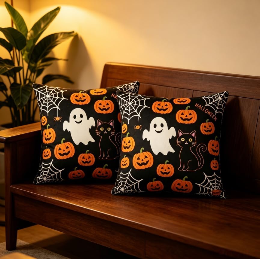 Halloween Throw Pillow Covers, Ghost Pumpkin Spider Web Black Cat Design - Image 6