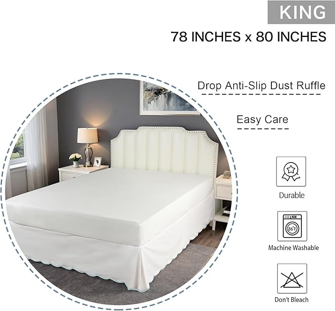 HIG Off White Chic King Bed Skirt - Easy Fit Scallop Edge Pleated Bedskirts, 14 Inch Drop Anti-Slip Dust Ruffle, Thick Fabric for Enhanced Privacy, Pre-Washed for Long-Lasting Use(N60022)