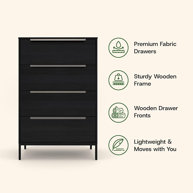 tinge Lira Premium Fabric Dresser - Solid Wooden Frame, 4 Spacious Sag-Proof Drawers with Sleek Metal Handles - Sleek & Durable Storage Solution for Your Home (Black)
