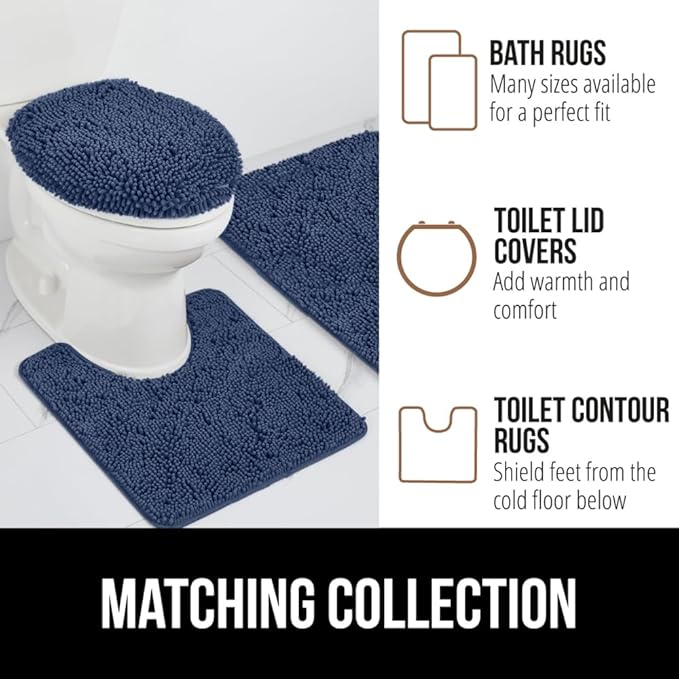 GORILLA GRIP Bathroom Rug Sets 3 Piece, Bath Mat Set and Oval Toilet Base with Rubber Backing, Plush Absorbent Shaggy Chenille Washable Mats, Includes 24x19.5, 24x17 and 30x20 Inch Rugs, Navy