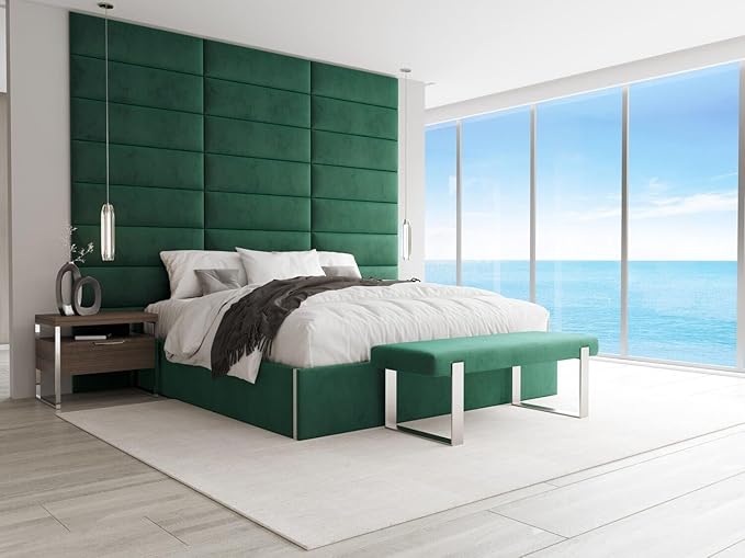 VANT Upholstered Bed Bench - Velvet Emerald Green - Burnished Brass - Contemporary Modern, Bedroom Bench Seat, Hallway, or Entryway