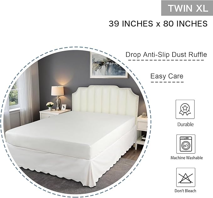 HIG Off-White Chic Twin XL Bed Skirt - Easy Fit Scallop Edge Pleated Bedskirts, 14 Inch Drop Anti-Slip Dust Ruffle, Thick Fabric for Enhanced Privacy, Pre-Washed for Long-Lasting Use(N60022)