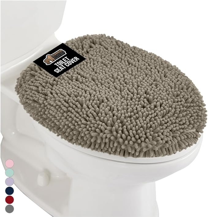 GORILLA GRIP Soft Chenille Bathroom Toilet Lid Cover, Machine Washable Seat Covers, 19.5x18.5, Stays in Place Rubber Backing, Fits Most Round, Elongated and Oblong Lids, Accessories Decor, Latte