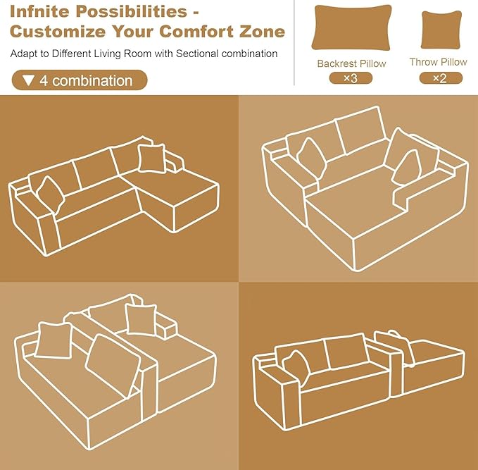 96" Sectional Couches for Living Room Modern Modular Sofa with L-Shape Couchs Upholstered Boneless Couch Deep Seat Sectional Couch with Chaise (Camel, 96" Right Facing Chaise+2Seaters)