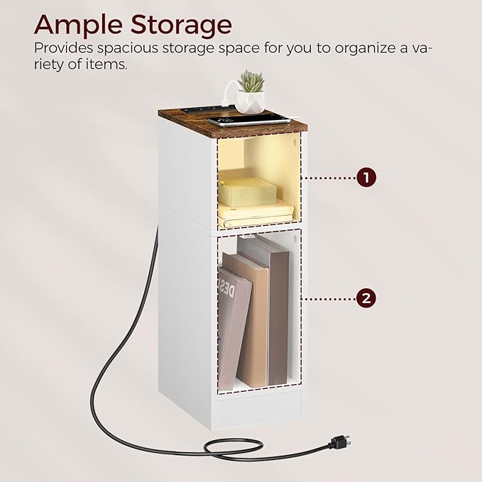 Narrow Nightstand, Slim End Table with Charging Station and LED Sensor Light, Modern Side Table, Bedside Table, for Small Spaces, Living Room, Bedroom, Rustic Brown and White ETBR30E01