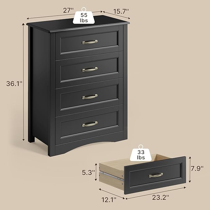 Gizoon Dresser for Bedroom with 4 Drawers Wooden Chest of Drawers for Closet Dresser Storage Unit Organizer for Hallway Living Room and Office, Black