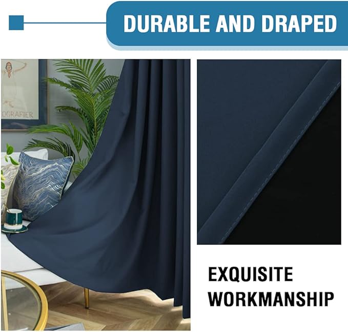 H.VERSAILTEX 100% Blackout Curtains for Bedroom Thermal Insulated Blackout Curtains for Living Room 84 Inches Long Rod Pocket Curtains with Black Liner 2 Panels Set, Navy
